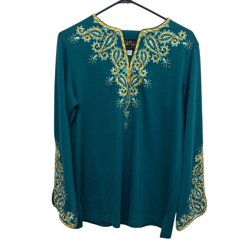 Bob Mackie Wearable Art Embroidered‎ Top S Teal Boho Indie Artistic Statement